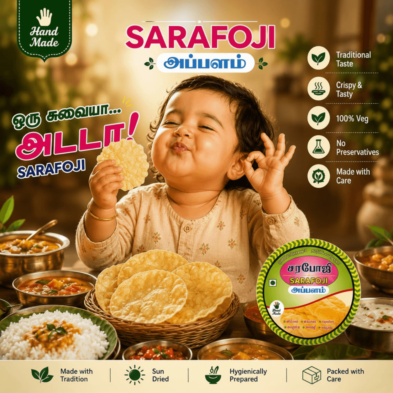 A child happily enjoying a crispy Sarafoji appalam